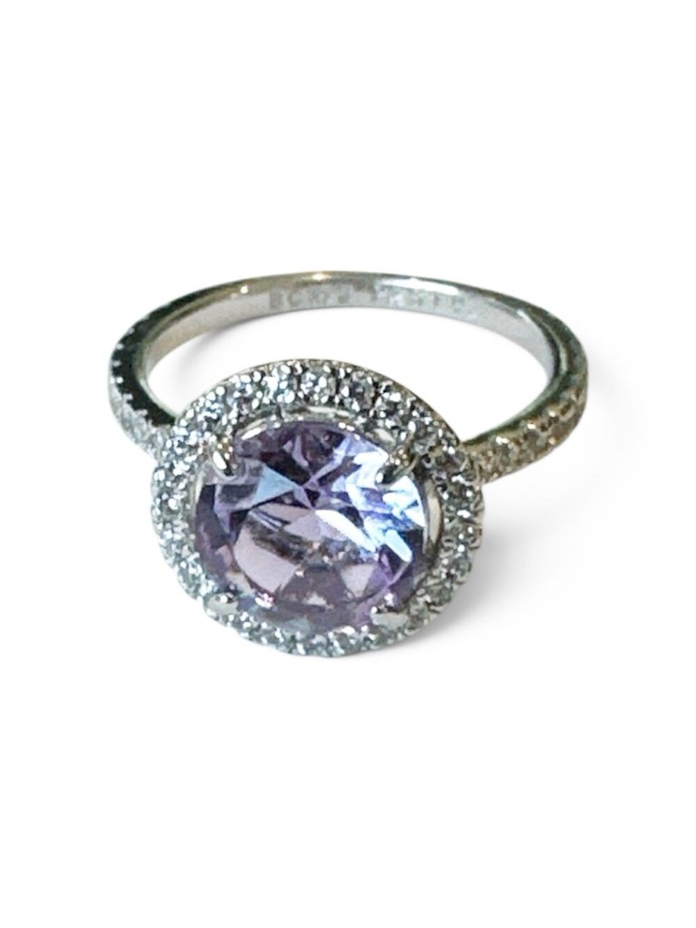 RARE Bomb Party Ring Sz 7 Violet CZ Halo Solitaire Rhodium Rhinestones down side - Picture 3 of 4
